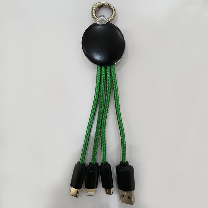 Cablu 4 în 1 pentru date și încărcare cu breloc – Lightning, Micro USB și Type-C; splitter 1 la 3; indicator luminos; cablu din țesătură; putere maximă 5W