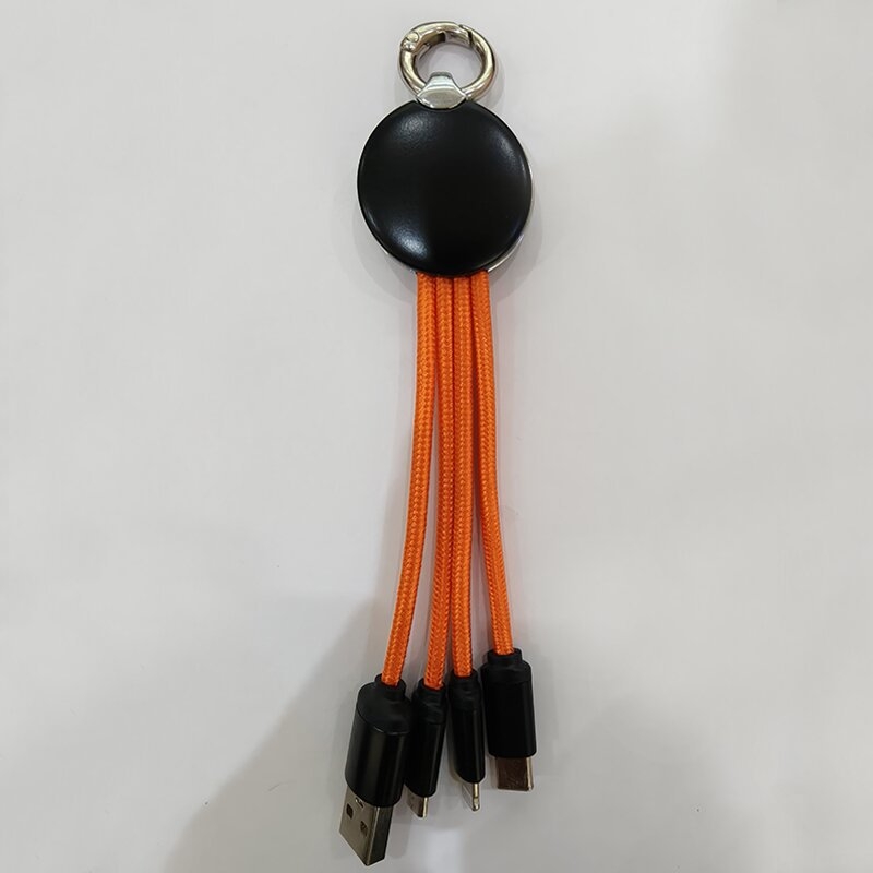 Cablu 4 în 1 pentru date și încărcare cu breloc – Lightning, Micro USB și Type-C; splitter 1 la 3; indicator luminos; cablu din țesătură; putere maximă 5W