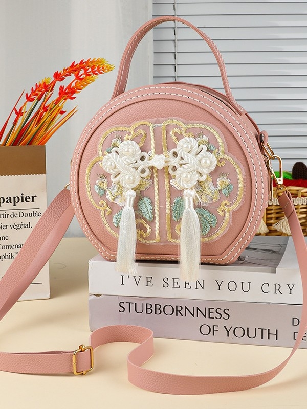 Kineski stil DIY komplet za izradu vezom za okruglu crossbody torbu (Materijal: PU; Oblik: okrugla; Stil torbe: crossbody; Otvaranje: zatvarač; Unutarnji džep za telefon)