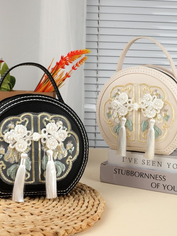 Kineski stil DIY komplet za izradu vezom za okruglu crossbody torbu (Materijal: PU; Oblik: okrugla; Stil torbe: crossbody; Otvaranje: zatvarač; Unutarnji džep za telefon)