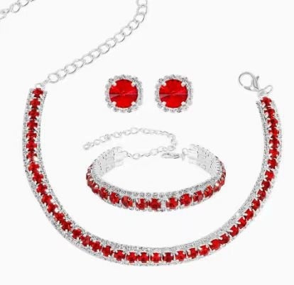 Ékszerszett: fülbevaló, nyaklánc és karkötő, mesterséges kristályok, kocka alakú kövek mintázat, női etnikus retro stílus.