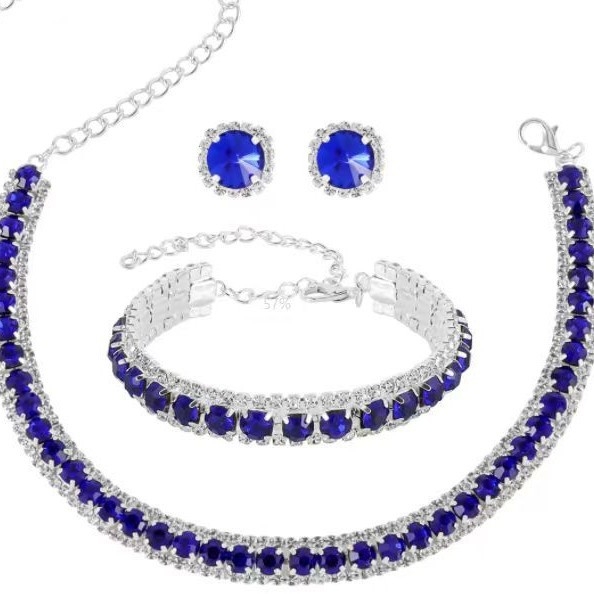 Ékszerszett: fülbevaló, nyaklánc és karkötő, mesterséges kristályok, kocka alakú kövek mintázat, női etnikus retro stílus.