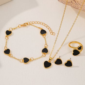 Szív alakú ékszerszett – aszimmetrikus medál, ötvözet, elektroplattolt bevonat, szabályos lánc, négy darabos készlet (fülbevaló, nyaklánc, kézre illő kiegészítő)