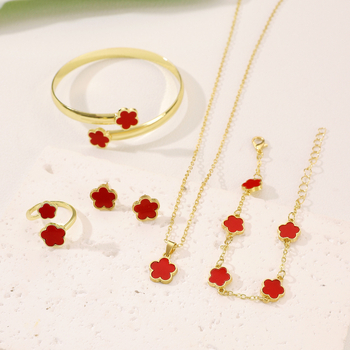 Ötlevelű lóhere ékszerszett nőknek — ötvözet, elektropácolt bevonat, szabályos láncú nyaklánc, fülbevalók és kézre kiegészítők, virágos mintázat