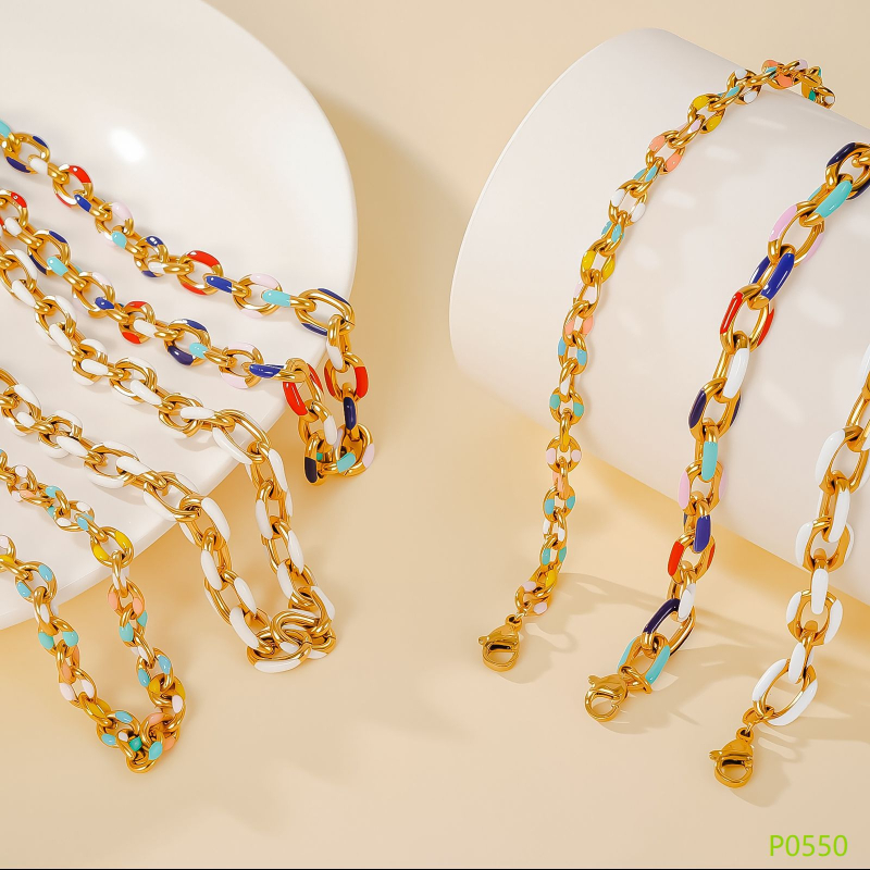 Puzzle titán acél nyaklánc és karkötő szett — szabályos lánc, könnyű luxus stílus