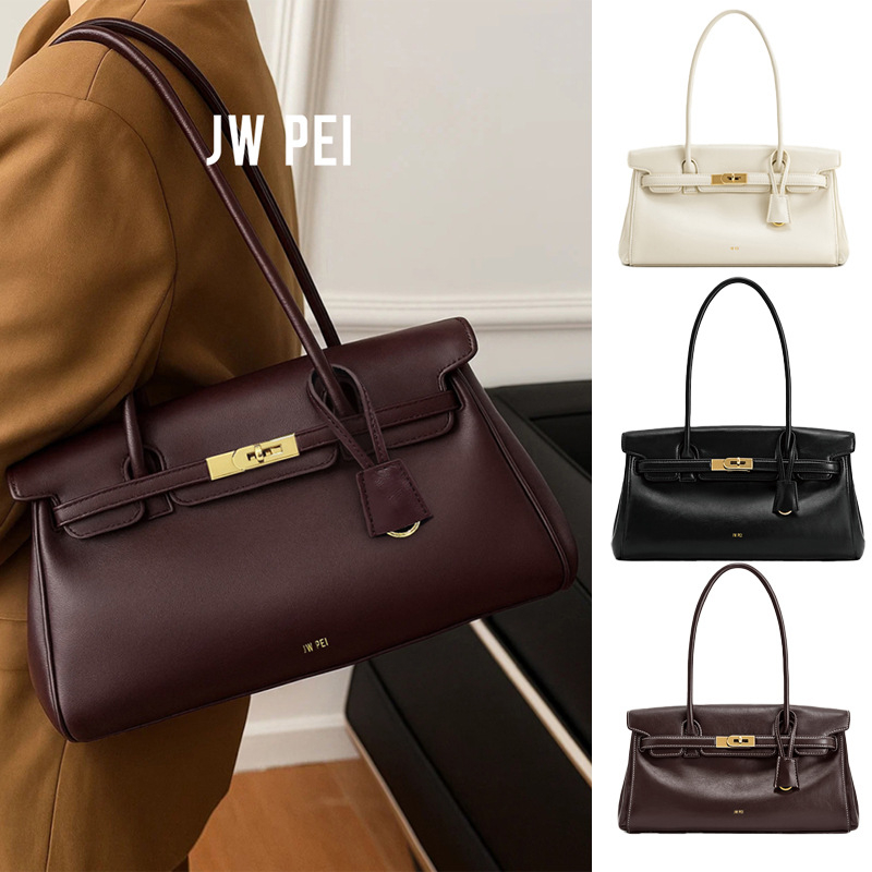 JW PEI ženska baguette torba – koža kravlje split leather, zaključavanje brava, Unutarnji džepovi sa zipom, džep za telefon i dokumente, horizontalni kvadratni oblik, proljeće 2025
