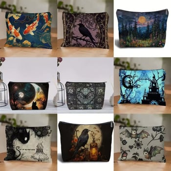Kozmetička torbica s tamnim gotičkim stilom i životinjskim uzorkom, laneno vlakno, velika kapaciteta, bez podstave