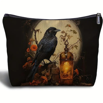 Kozmetička torbica s tamnim gotičkim stilom i životinjskim uzorkom, laneno vlakno, velika kapaciteta, bez podstave