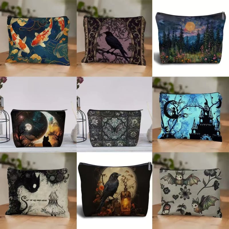 Kozmetička torbica s tamnim gotičkim stilom i životinjskim uzorkom, laneno vlakno, velika kapaciteta, bez podstave