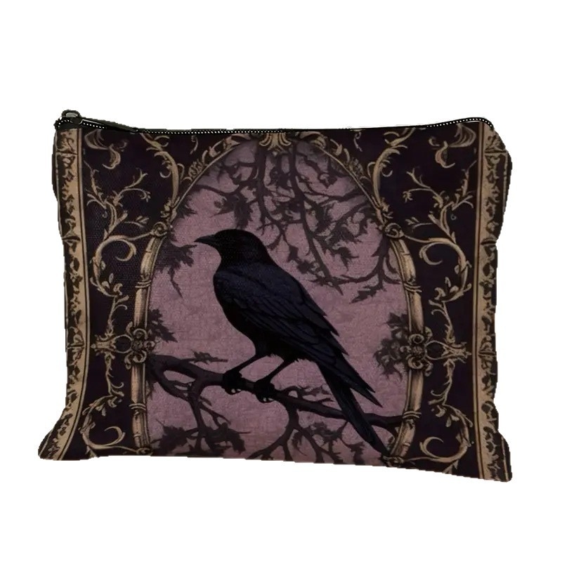Kozmetička torbica s tamnim gotičkim stilom i životinjskim uzorkom, laneno vlakno, velika kapaciteta, bez podstave