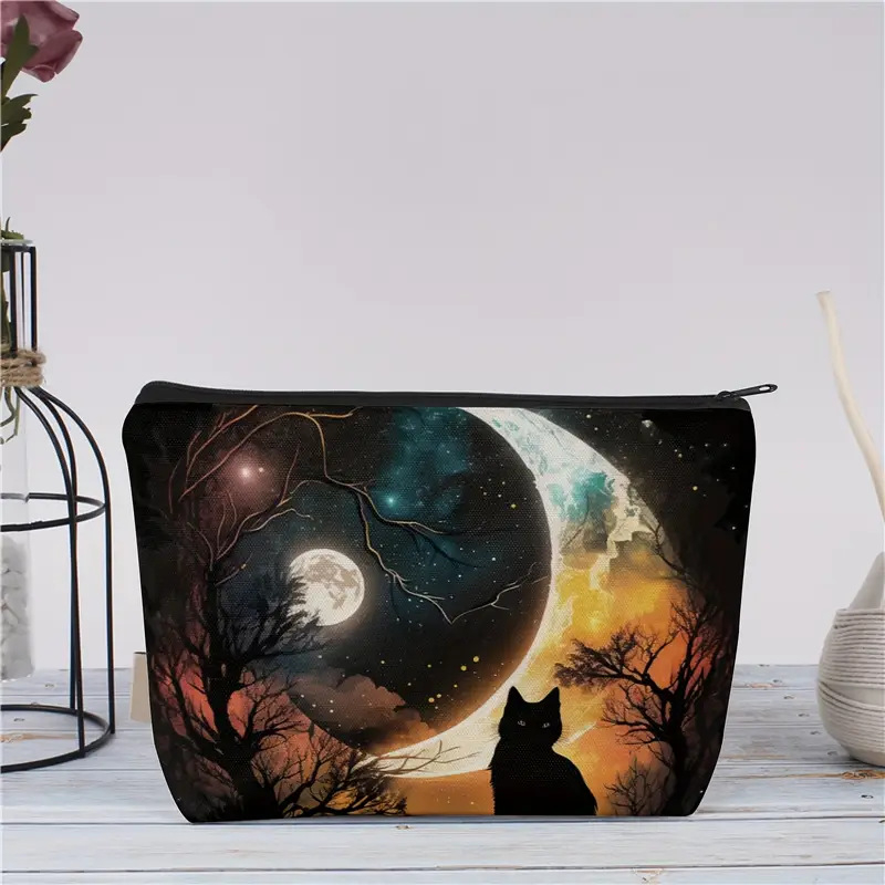 Kozmetička torbica s tamnim gotičkim stilom i životinjskim uzorkom, laneno vlakno, velika kapaciteta, bez podstave