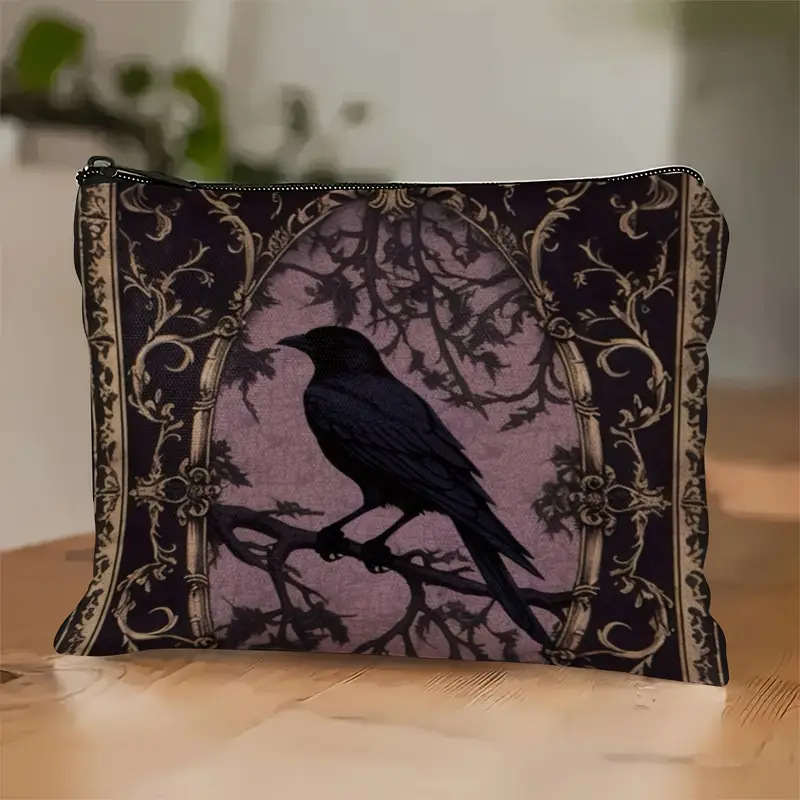 Kozmetička torbica s tamnim gotičkim stilom i životinjskim uzorkom, laneno vlakno, velika kapaciteta, bez podstave