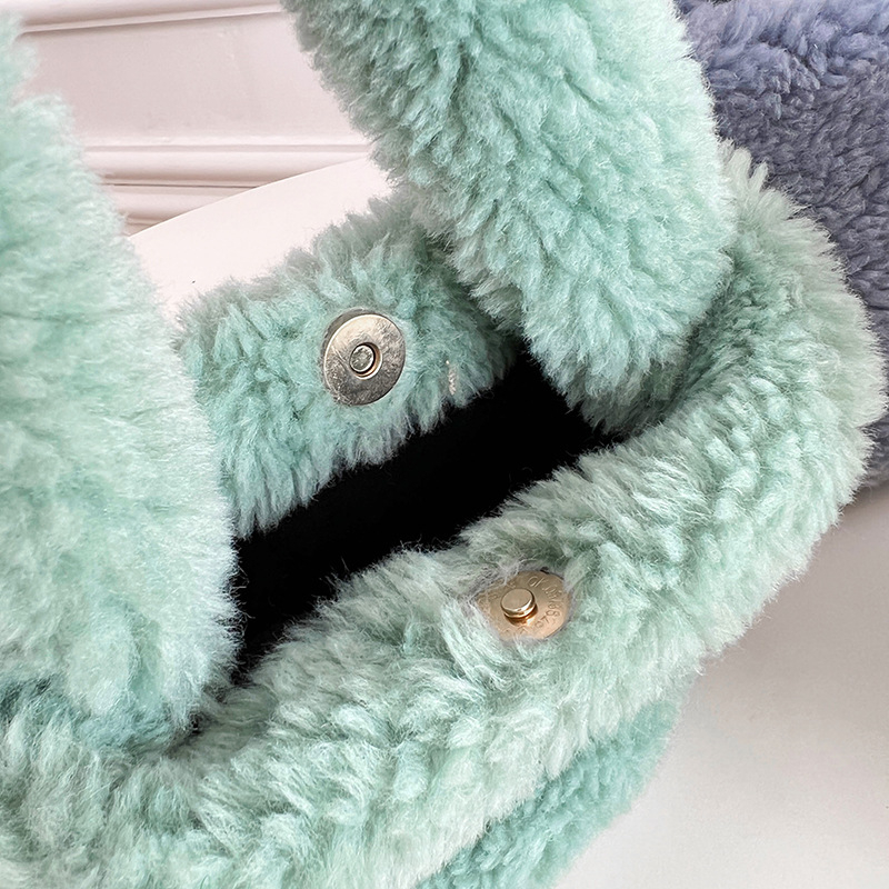 Bucket torba od umjetne ovčje dlake za žene, pliš materijal, ovalni oblik, otvoreni gornji dio, džep za mobitel