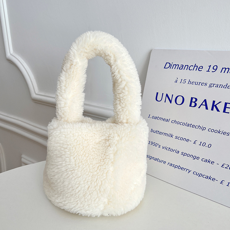 Bucket torba od umjetne ovčje dlake za žene, pliš materijal, ovalni oblik, otvoreni gornji dio, džep za mobitel