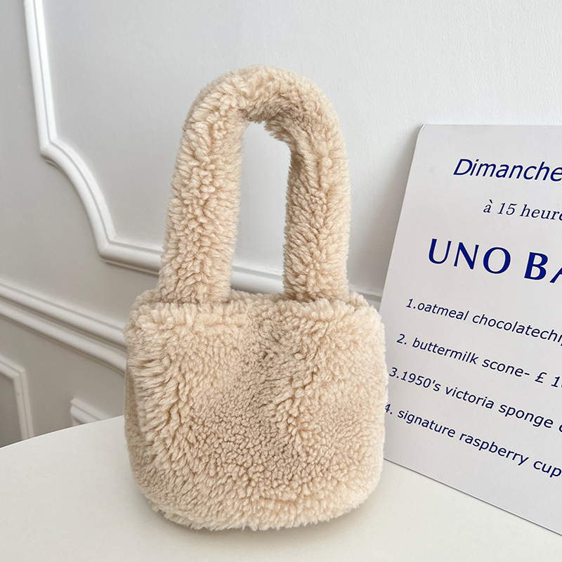 Bucket torba od umjetne ovčje dlake za žene, pliš materijal, ovalni oblik, otvoreni gornji dio, džep za mobitel