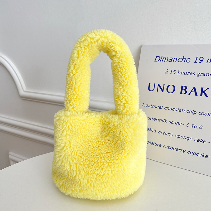 Bucket torba od umjetne ovčje dlake za žene, pliš materijal, ovalni oblik, otvoreni gornji dio, džep za mobitel