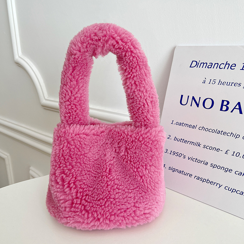 Bucket torba od umjetne ovčje dlake za žene, pliš materijal, ovalni oblik, otvoreni gornji dio, džep za mobitel