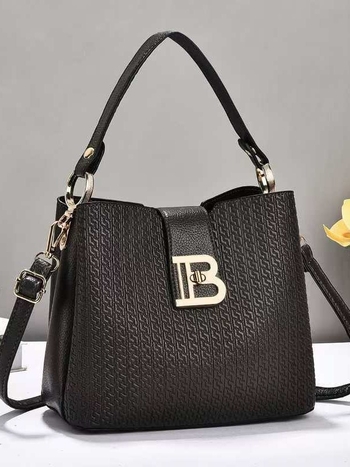 Geantă de umăr bucket din PU, stil urban minimalist, închidere cu lacăt, buzunare interioare pentru telefon și documente