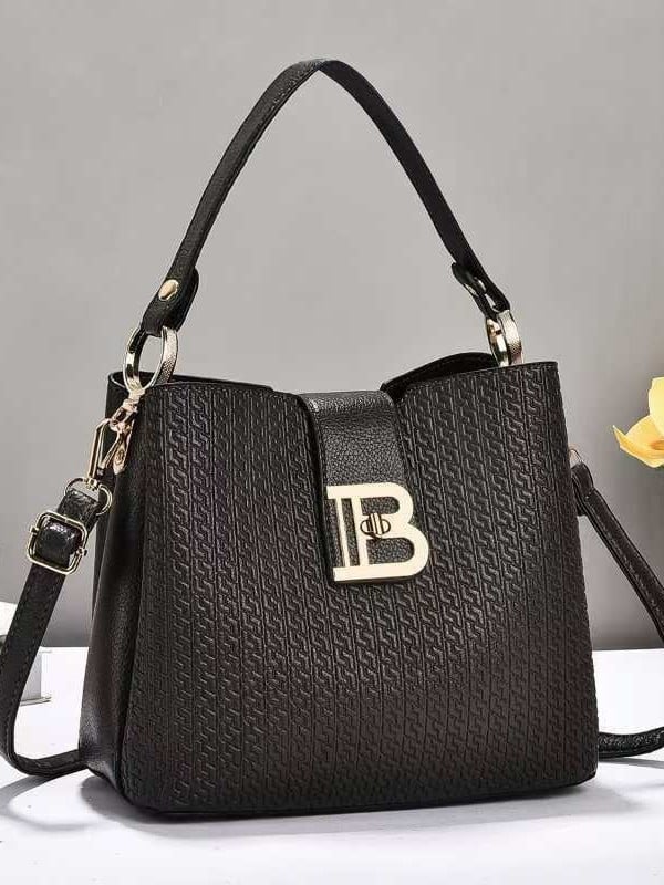 Geantă de umăr bucket din PU, stil urban minimalist, închidere cu lacăt, buzunare interioare pentru telefon și documente