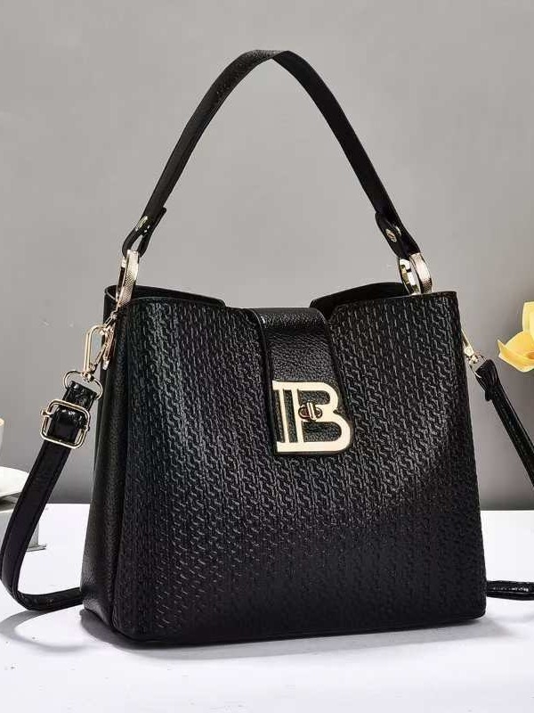 Geantă de umăr bucket din PU, stil urban minimalist, închidere cu lacăt, buzunare interioare pentru telefon și documente