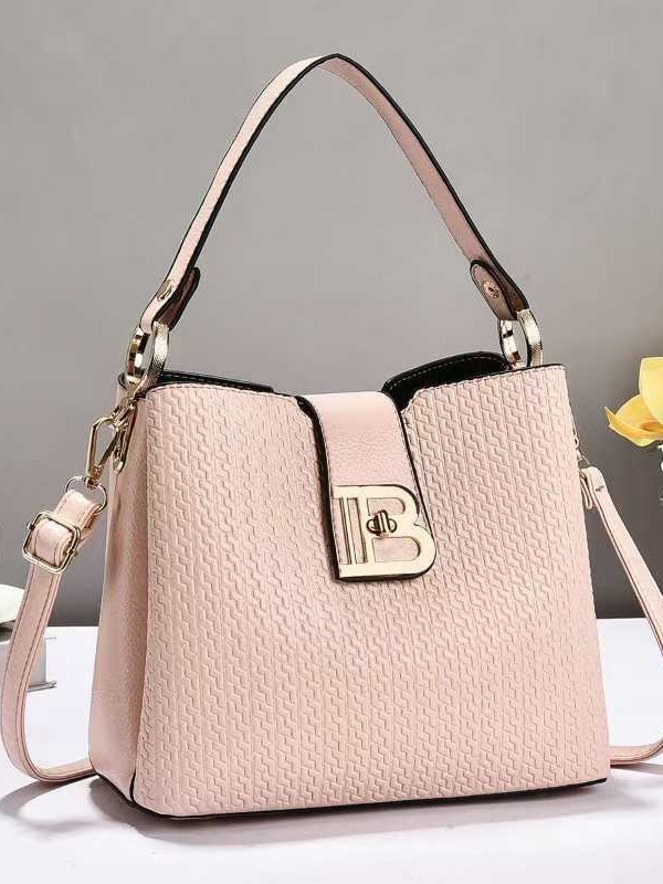 Geantă de umăr bucket din PU, stil urban minimalist, închidere cu lacăt, buzunare interioare pentru telefon și documente