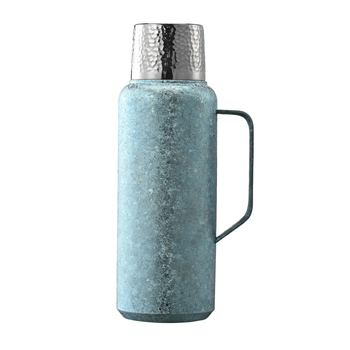 Tiszta titán termosz vákuum-szigeteltséggel, mechanikus hőmérővel, tea rekesszel és pop-up fedéllel.