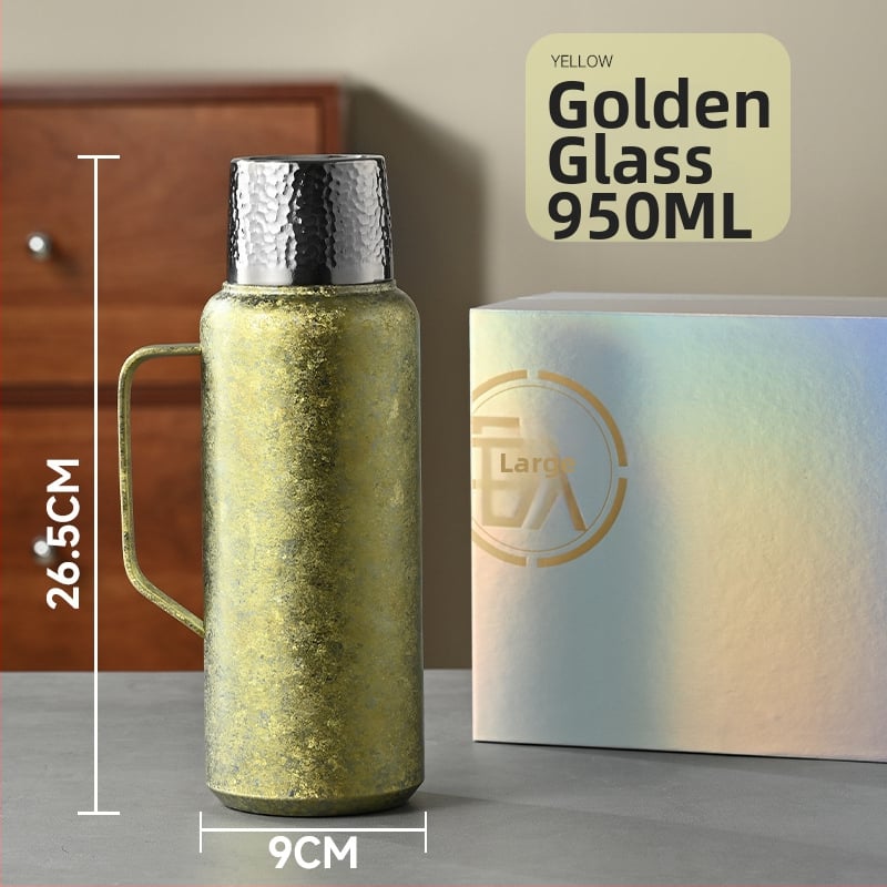 Tiszta titán termosz vákuum-szigeteltséggel, mechanikus hőmérővel, tea rekesszel és pop-up fedéllel.