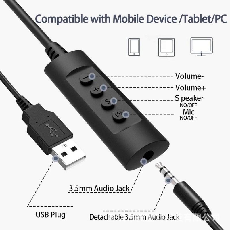 USB удължителен кабел за слушалки с инлайн контрол за звука и микрофон, позлатени медни проводници, ROHS-съвместим