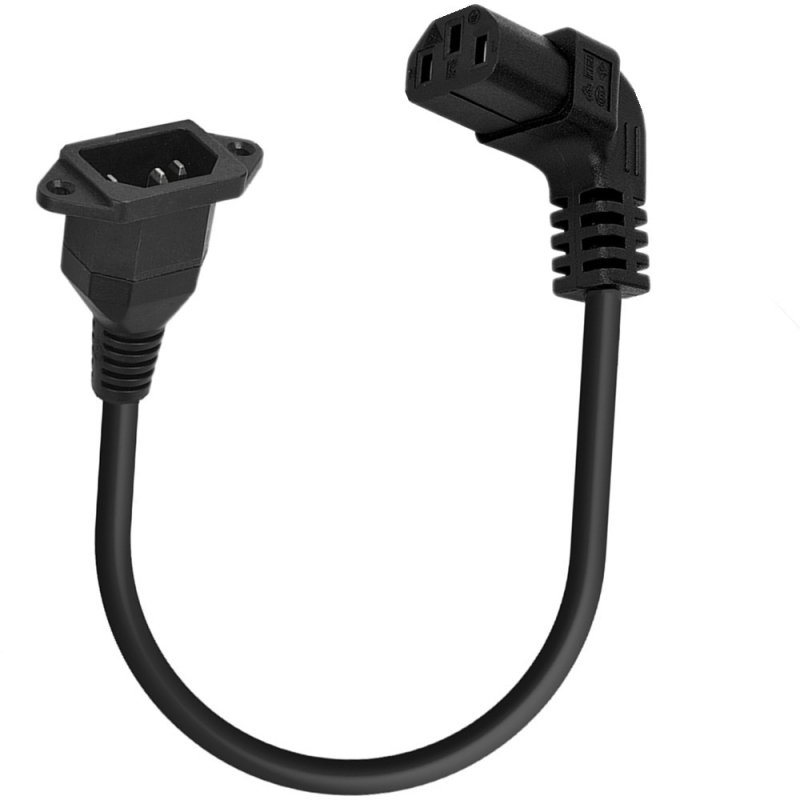 90°-os hajlítású C14 férfi panelről C13 női bővítő tápegységhez, réz mag 0,75 mm²