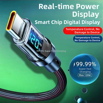Type-C кабел за данни със смарт дигитален дисплей, 120W бързо зареждане, съвместим с Huawei, Honor, Oppo, Android и Vivo