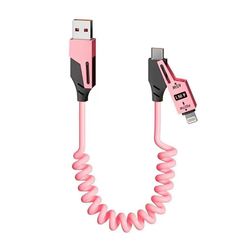 Glory 65W αναδιπλούμενο με ελατήριο καλώδιο φόρτισης 4-σε-1 με Lightning και Type-C, σιλικόνη, διπλοί συνδετήρες, PD γρήγορη φόρτιση