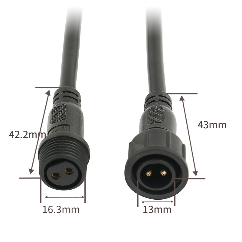 M16 vodootporan 2-žilni spojni konektor, muški i ženski, PVC izolirani napajajući kabel 2×0,75 mm²