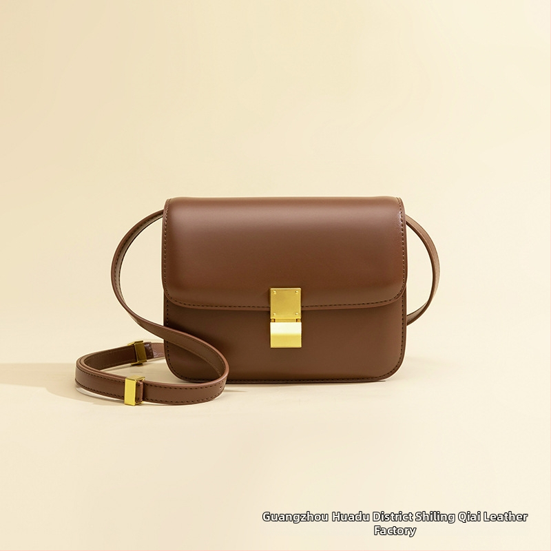 PU kožená taška cez rameno, malý štvorcový tvar, vertikálna silueta krabičky, s viečkom, zapínanie na západku, polysterová podšívka