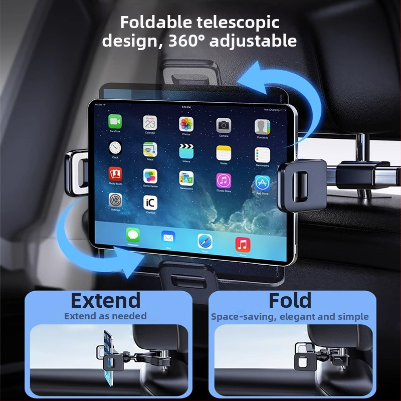 Yiyi držiak na tablet do auta s teleskopickým ramenom - univerzálny pre zadné operadlo, Snap-On upevnenie, 150 g
