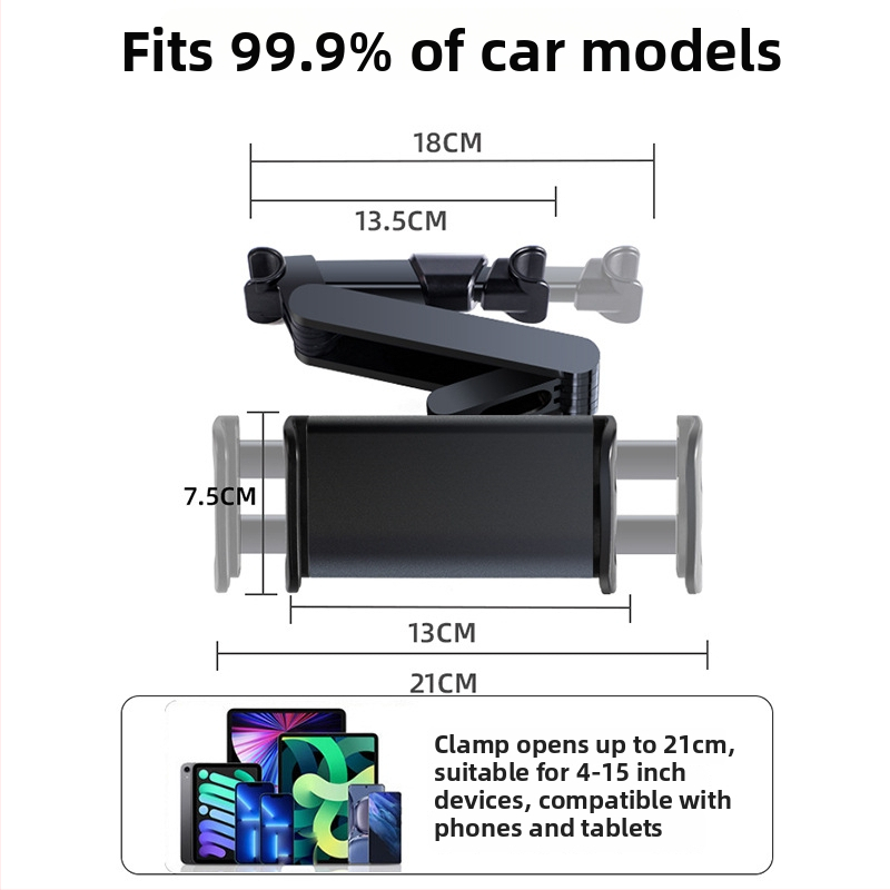 Yiyi držiak na tablet do auta s teleskopickým ramenom - univerzálny pre zadné operadlo, Snap-On upevnenie, 150 g
