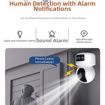 Iekštelpu uzraudzības kamera ar divām optikām un nakts redzi; PTZ: 355° horizontāli, 75° vertikāli, ātrums 20°/s; Strāvas padeve DC5V; Sienas stiprinājums.
