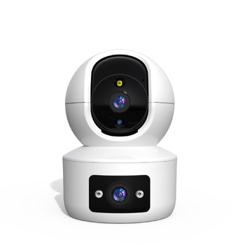 Iekštelpu uzraudzības kamera ar divām optikām un nakts redzi; PTZ: 355° horizontāli, 75° vertikāli, ātrums 20°/s; Strāvas padeve DC5V; Sienas stiprinājums.