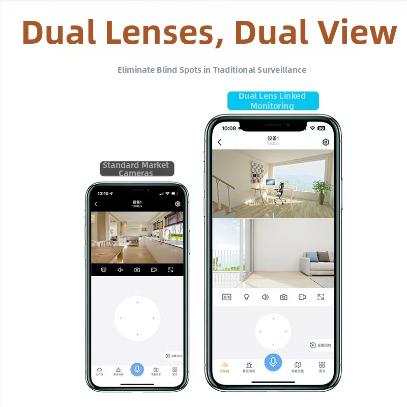 Iekštelpu uzraudzības kamera ar divām optikām un nakts redzi; PTZ: 355° horizontāli, 75° vertikāli, ātrums 20°/s; Strāvas padeve DC5V; Sienas stiprinājums.