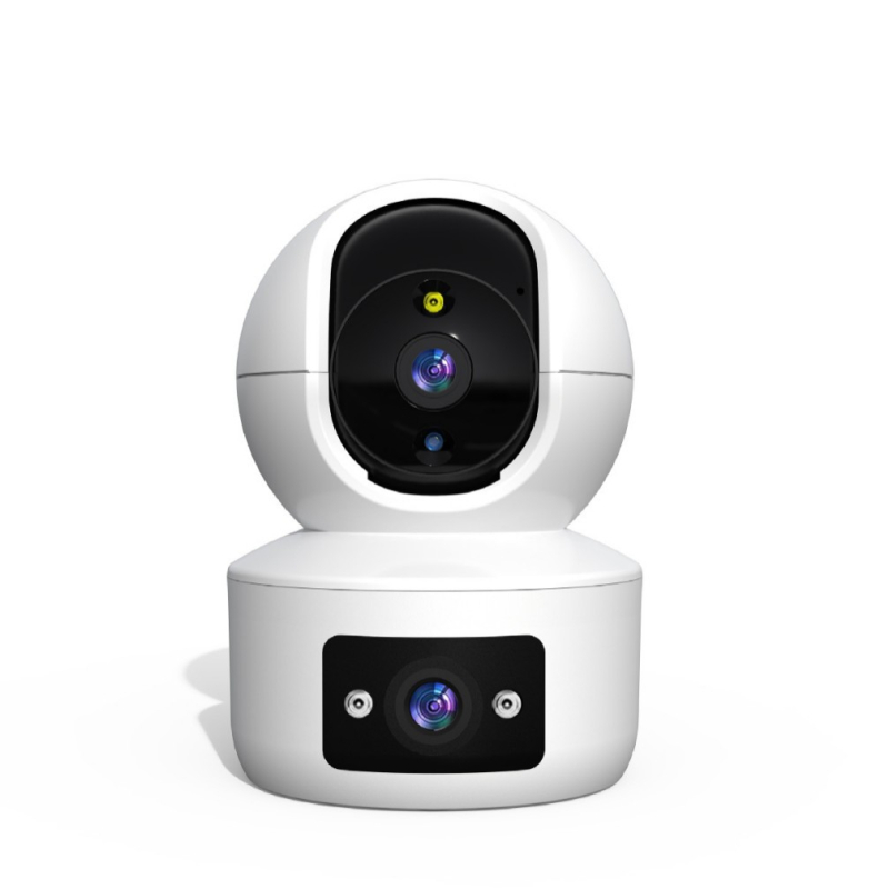 Iekštelpu uzraudzības kamera ar divām optikām un nakts redzi; PTZ: 355° horizontāli, 75° vertikāli, ātrums 20°/s; Strāvas padeve DC5V; Sienas stiprinājums.