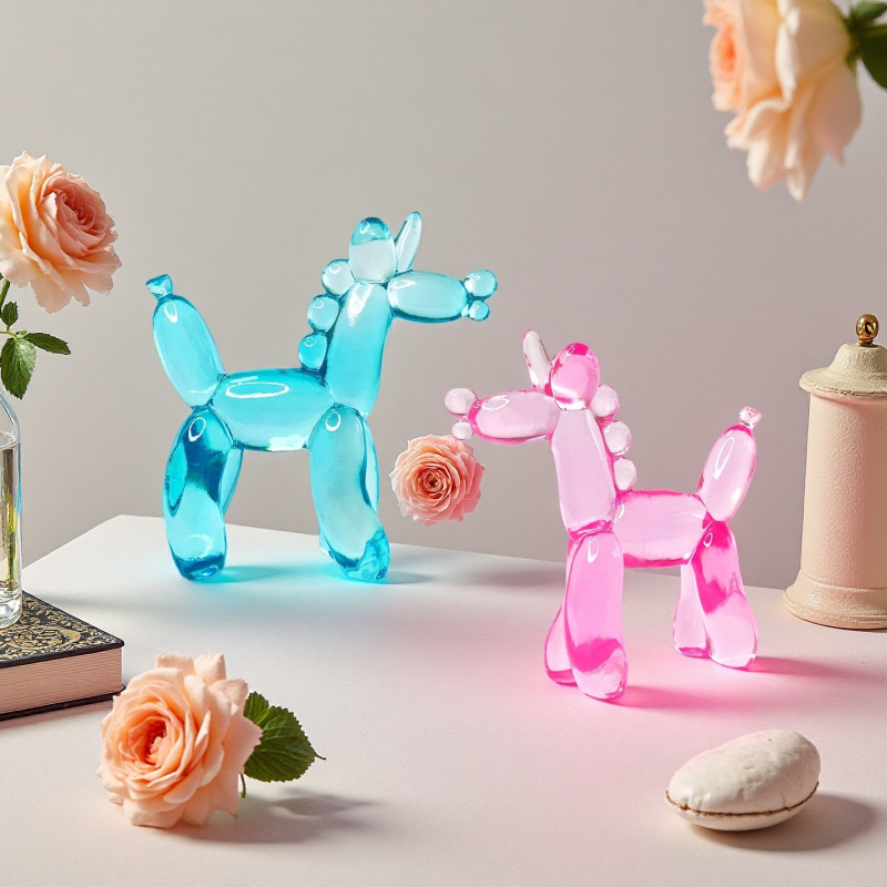 Pastoraálny živicový mini ornament zvierat: psia figúrka s priehľadnou mikro scénou jednorožca