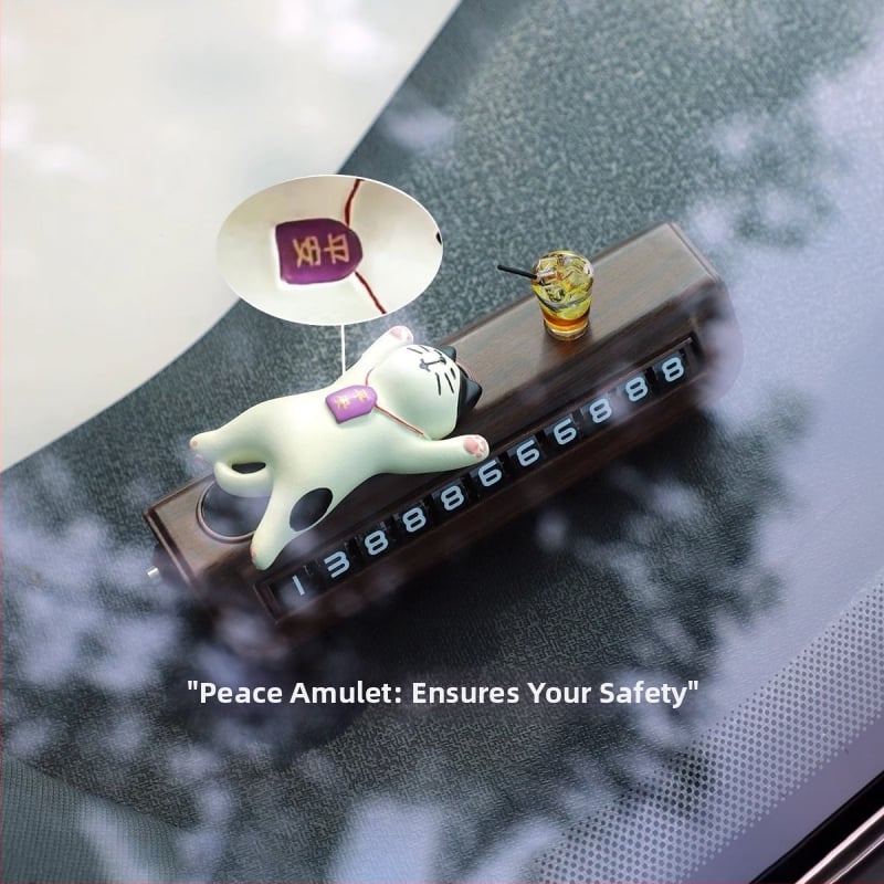 Διακοσμητικό αυτοκινήτου από ρητίνη με γάτα-τυχερή σε καρτούν και προσωρινή πινακίδα στάθμευσης – εσωτερική διακόσμηση αυτοκινήτου, λειτουργία θραύσης παραθύρων