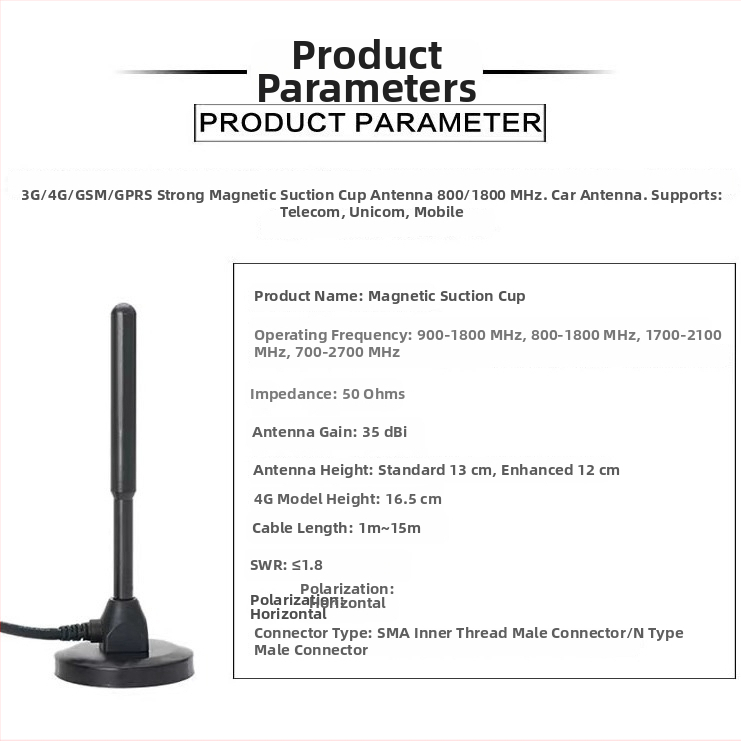 IoT anténa s prísavkou pre automat na predaj, plný pás 4G/LTE/3G/GSM/GPRS, zisk 30 dB, impedancia 50 Ω, SWR ≤ 1.5