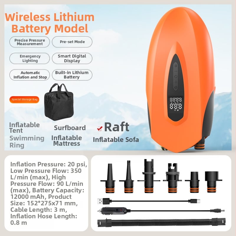 Φορητή Ασύρματη Αντλία Αέρα για Σκηνή, Αυτοκίνητο, SUP και Φουσκωτούς Κύκλους — Ψηφιακή Οθόνη, 80 W, 5 V, Ροή Αέρα 70 L/min, Τροφοδοσία AC/DC