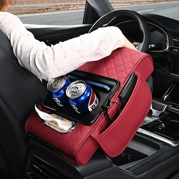 Kožni organizator za automobilsku naslonjač – 4 u 1: kutija za maramice, držač za čaše, središnji spremnik, podignuta jastučić; Podrijetlo: Zhejiang; Marka: Neutral; Opće kompatibilno