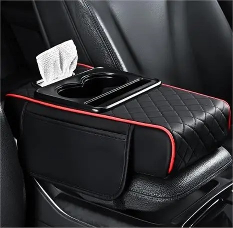 Kožni organizator za automobilsku naslonjač – 4 u 1: kutija za maramice, držač za čaše, središnji spremnik, podignuta jastučić; Podrijetlo: Zhejiang; Marka: Neutral; Opće kompatibilno
