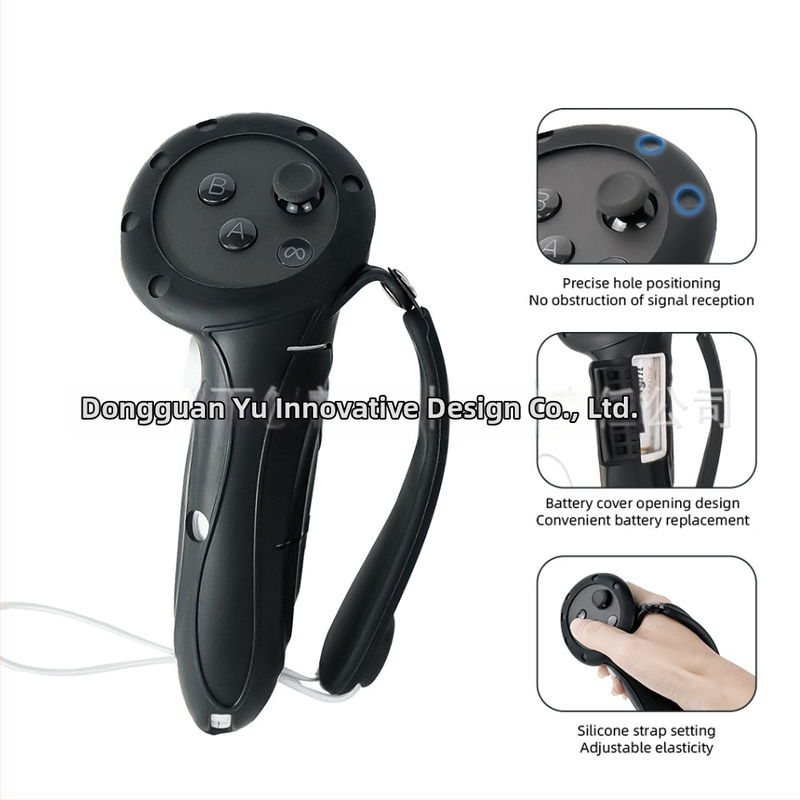 Dlhý rukoväťový silikónový ochranný kryt pre Quest 3/Quest 3s – protišmykový, proti nárazu, proti pádu; Materiály: silikón, PC, nylon, ABS, PP, TPU; Kompatibilita: Quest 3/Quest 3s; Hmotnosť: 160 g