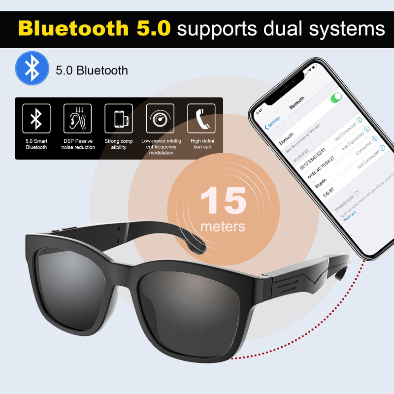 Pametne Bluetooth naočale T2 – nosivi dizajn na glavi, pozivi i glazba putem Bluetootha, doseg 5–10 m, težina 43 g