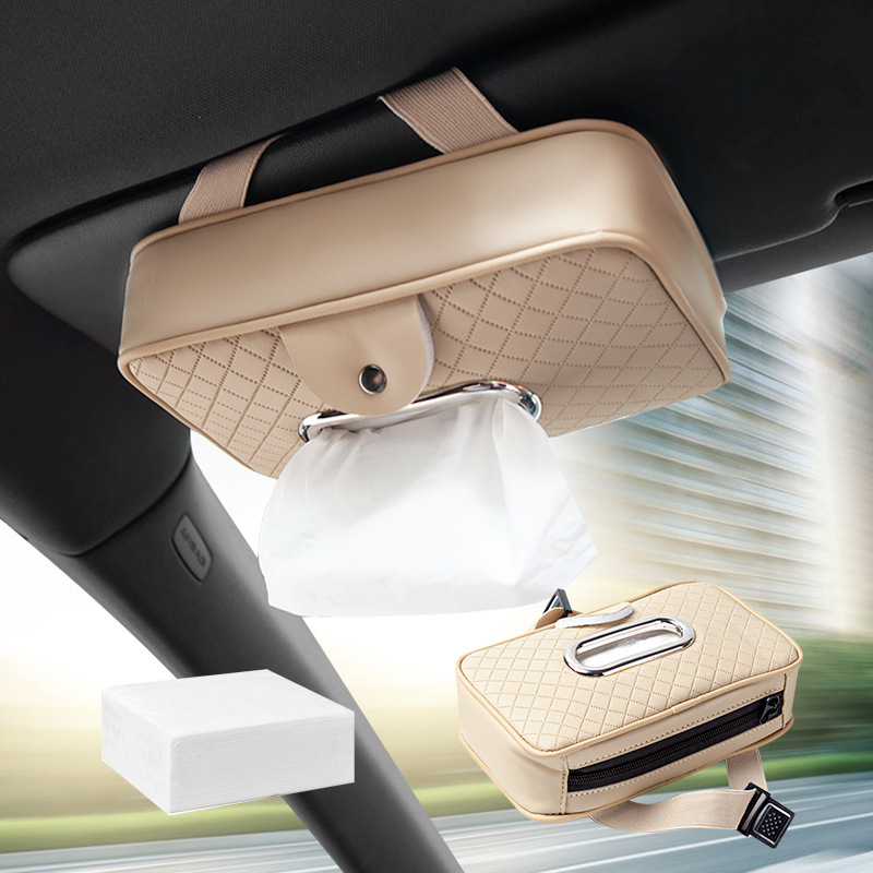 Δερμάτινο κουτί χαρτοπετσέτας αυτοκινήτου με λουρί, για ηλιοπροστασία και μαξιλαράκι βραχίονα, κλιπ γυαλιών