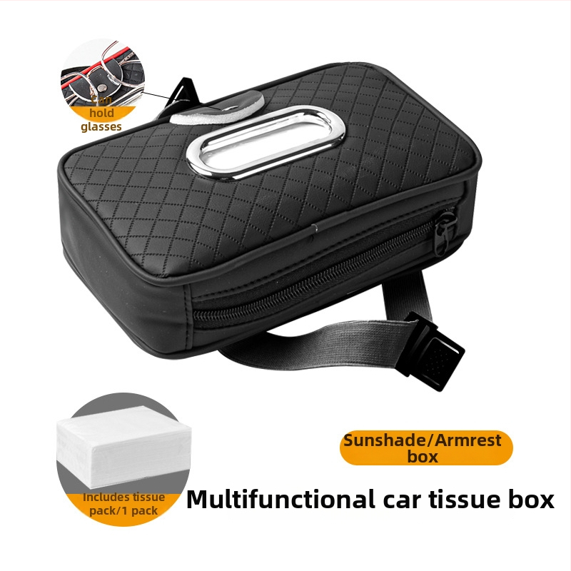 Δερμάτινο κουτί χαρτοπετσέτας αυτοκινήτου με λουρί, για ηλιοπροστασία και μαξιλαράκι βραχίονα, κλιπ γυαλιών