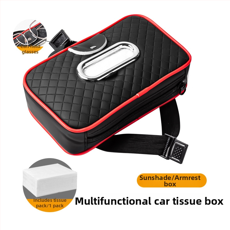 Δερμάτινο κουτί χαρτοπετσέτας αυτοκινήτου με λουρί, για ηλιοπροστασία και μαξιλαράκι βραχίονα, κλιπ γυαλιών